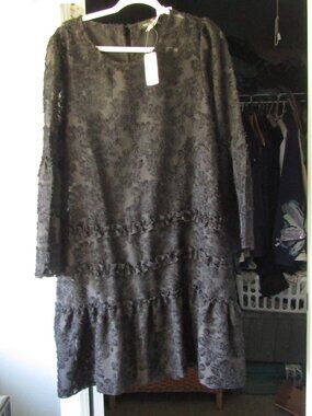 NWT SUZANNE BELTRO See-Through BLACK DRESS Size L Bell Sleeves Ruffle Accents